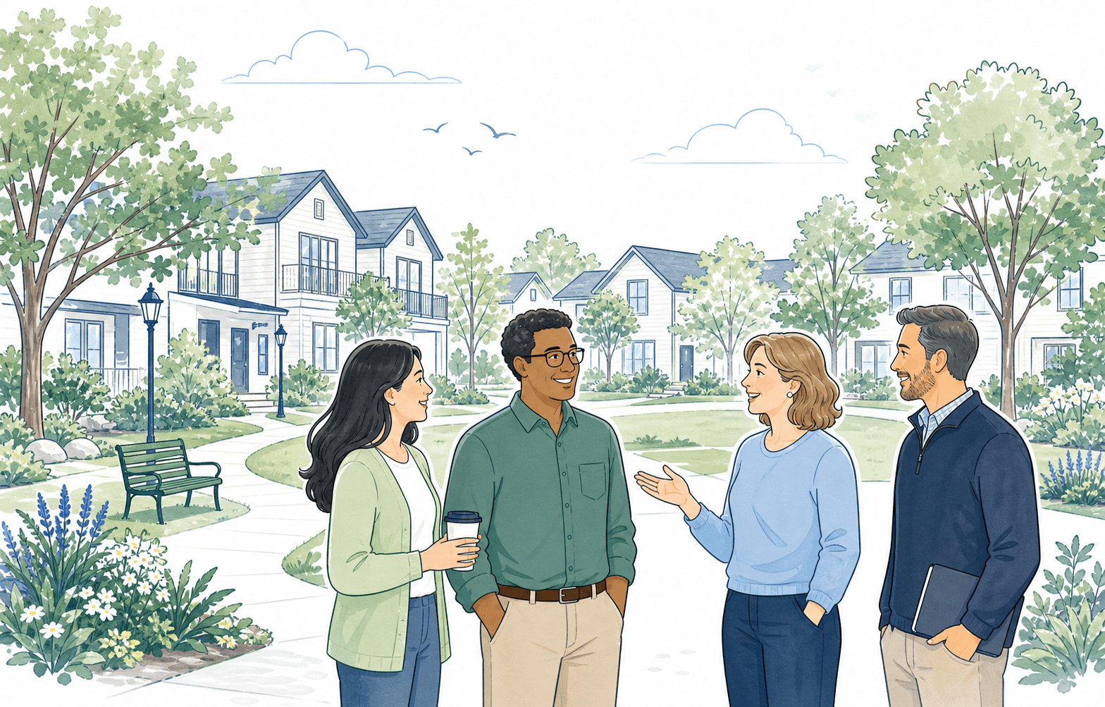 Neighbors talking together in a landscaped condominium courtyard