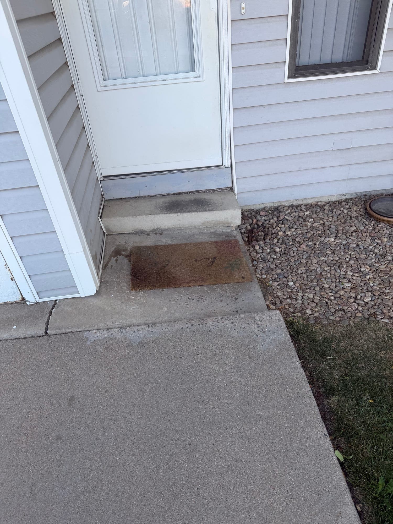 Settled entry step and walkway — IMG_1046: June 2026 condition photo showing a low entry step, adjacent walkway, and grade transition suggesting settlement at the entry approach.
