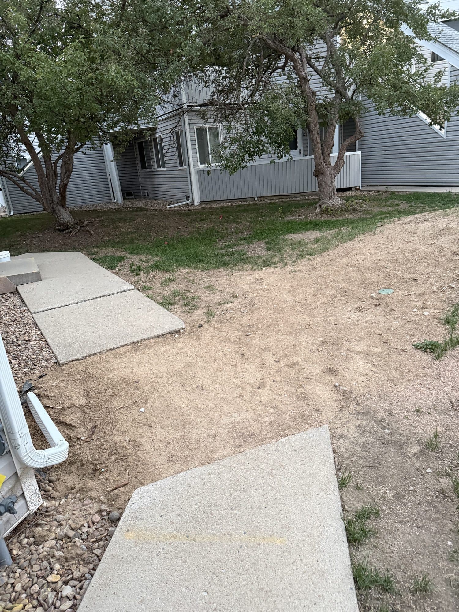 Erosion and bare grade — IMG_1072: Eroded, bare soil where a walkway meets the slope, with a downspout discharging onto the area.